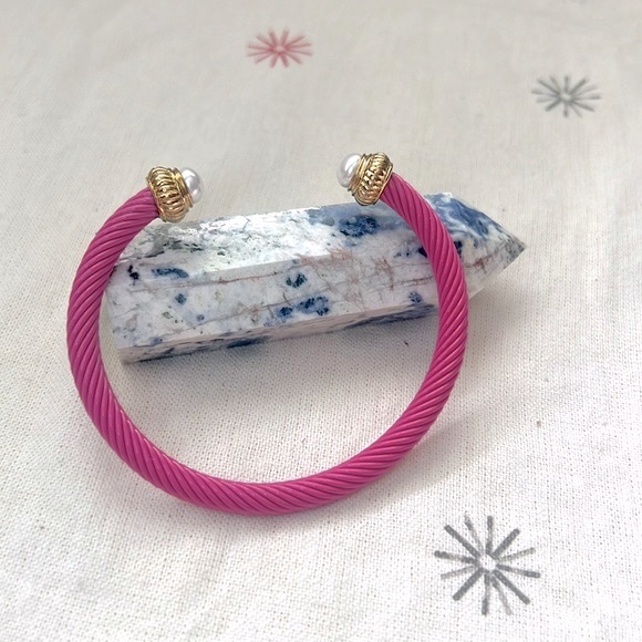 Matte Pink Twisted Cable Bangle Cuff Bracelet with Pearl Ends - Picture 5 of 8